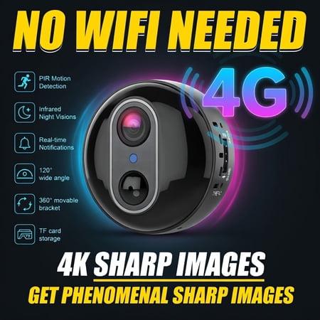 4K 4G LTE Wireless Security Camera, Infrared Night Vision, Rechargeable Battery, PIR Human Detection, Cloud Storage & Two-Way Audio, Works Without Wi-Fi and Power Outlets