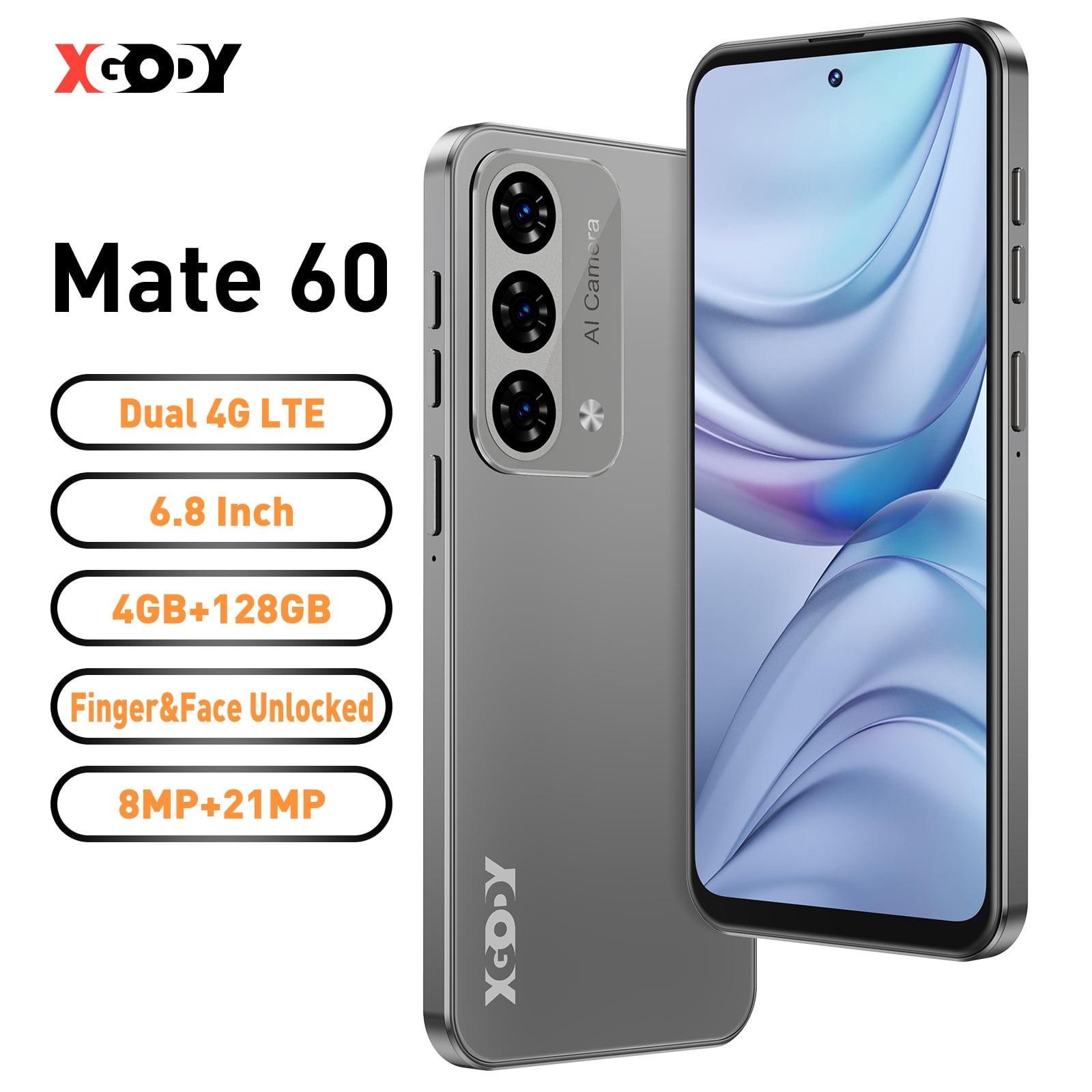 XGODY Mate 60 4G Unlocked Android Phones,128GB, 6.79'' Unlocked Cell Phones, 21MP Smartphone, Gray