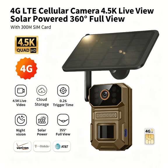 4G Security Cameras Wireless Outdoor, 4.5KRemote Real-time Viewing, Night Vision, Built-in SIM Card, Hunting Camera Suitable for Use In Remote Areas Without WiFi Signal