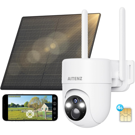 AITENZ 4G Solar Outdoor Security Camera, 2K HD Pan-Tilt Camera with SIM Card, IP66 Waterproof, Humanoid Detection, Cloud/Local Storage, No WiFi Needed for Farms/Orchards/Construction Sites