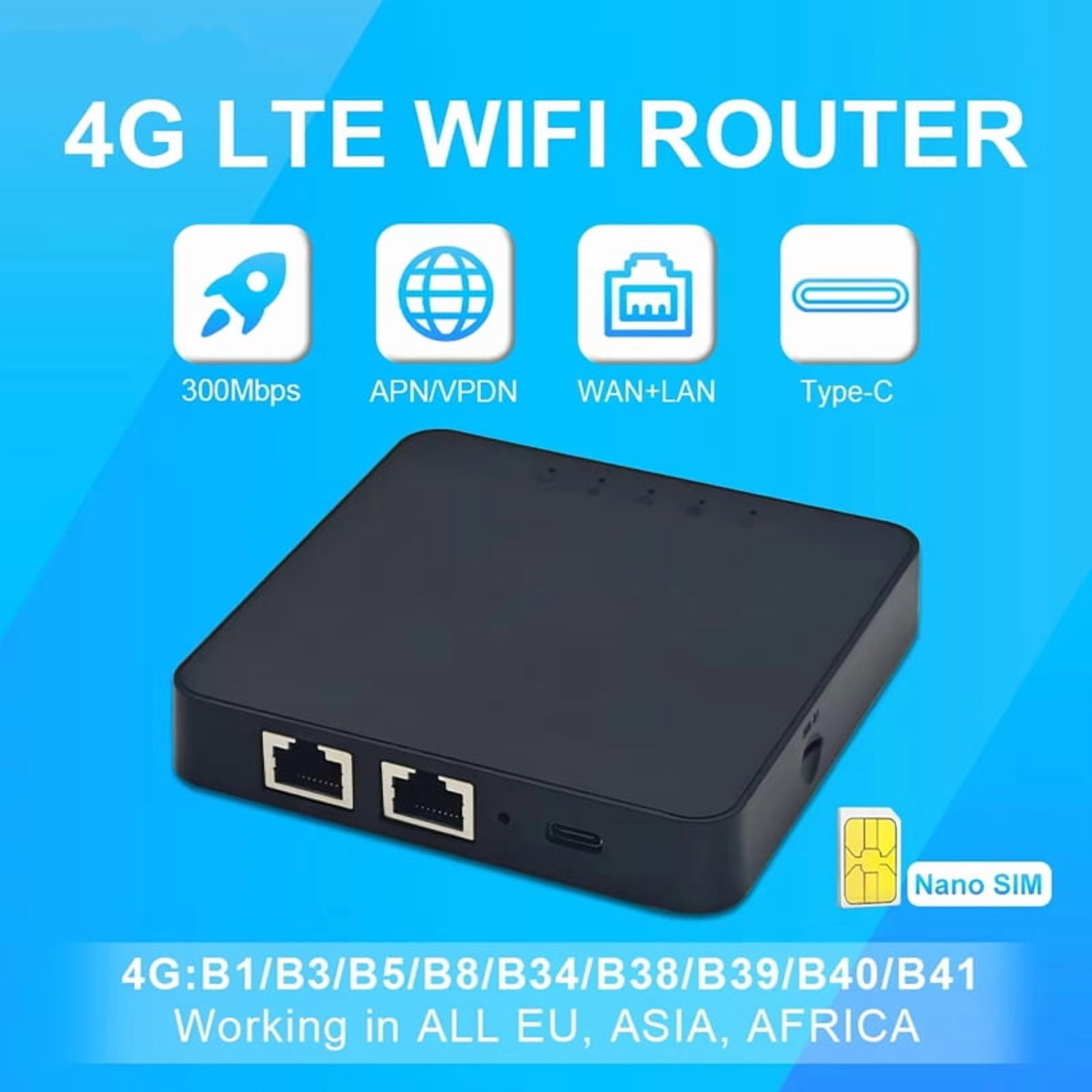 4G WIFI LTE Box Router 300Mbps Wireless Simcard Mobile Modem Hotspot 2 Port RJ45 WAN/LAN SIM Card Router with Type-C