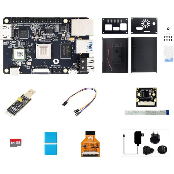 4GB D-Robotics RDK X3 Developer Kit, Quad-core ARM Cortex-A53 Processer, 5Tops Edge Inference Capabilities, B, Bundle with RDK X3 Board, IMX219-77 Camera and Accessories (7 Items)