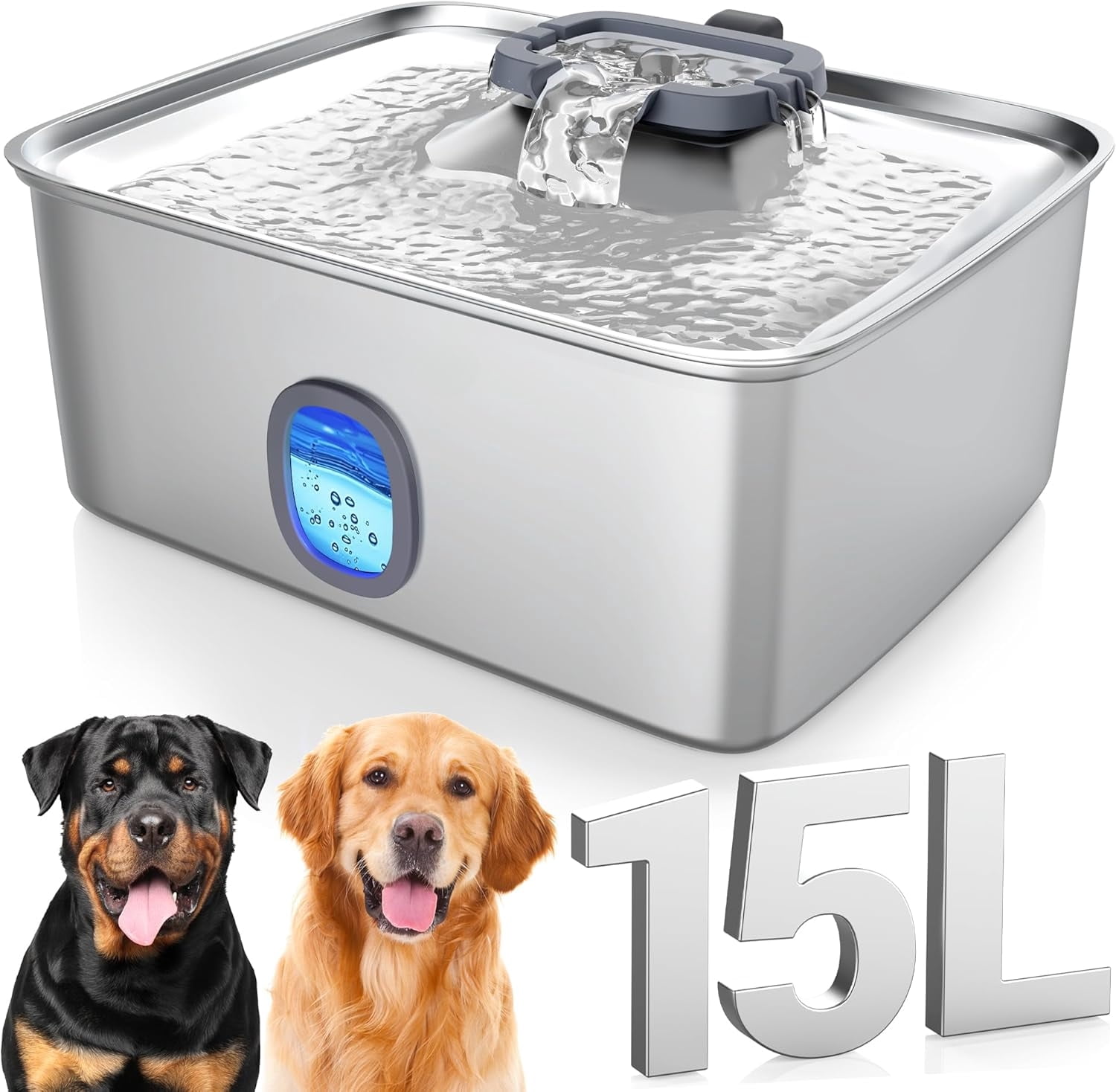4Gal/15L Large Dog Water Fountain, Stainless Steel Pet Fountain with Water Window & LED Light, Ultra Quiet Automatic Dog Water Bowl Dispenser for Large Dogs & Multi-pet, Easy to Clean FS76