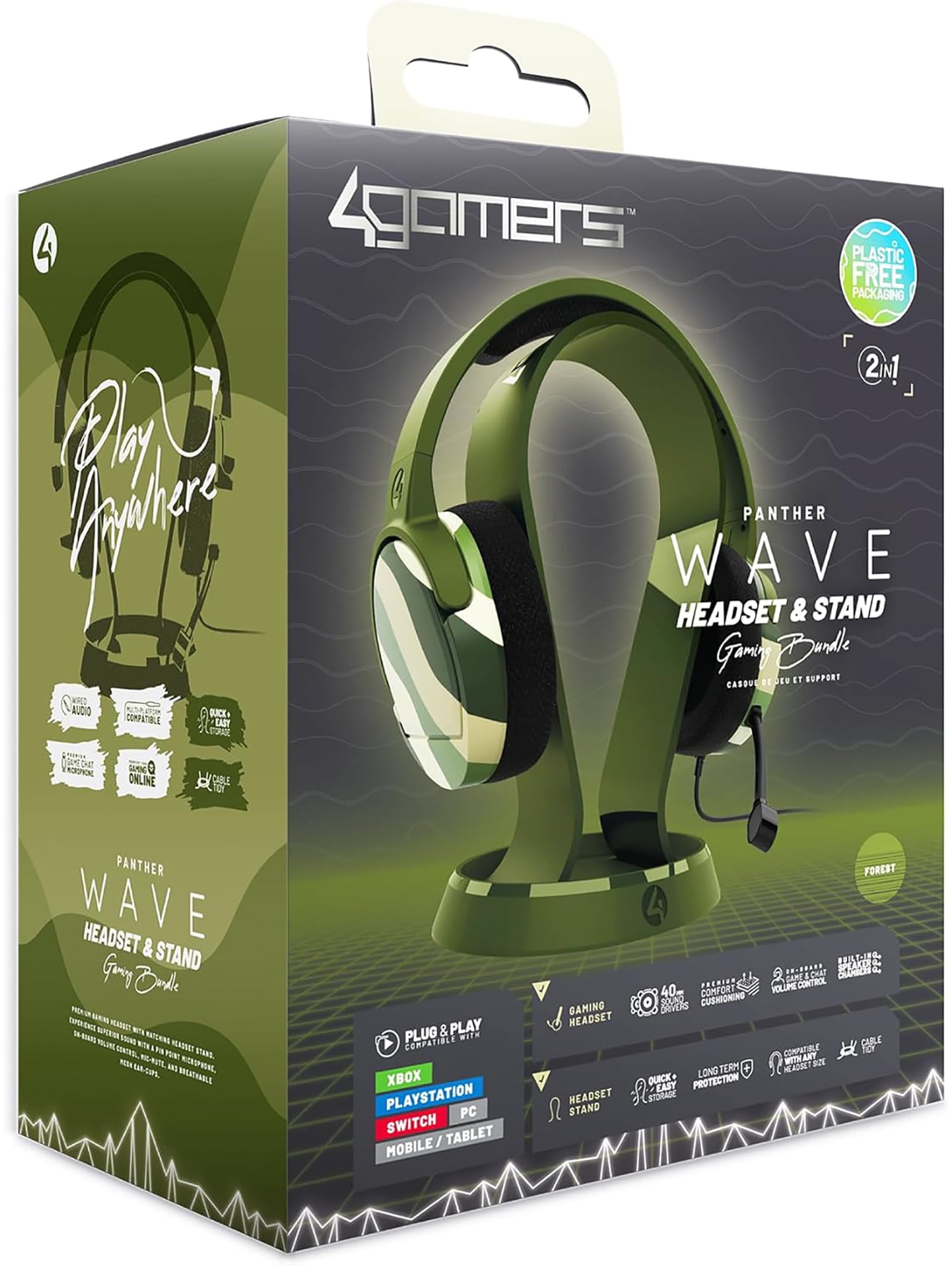 PC Accessory: Wired Headset - 4Gamers Panther Headset with Stand - Wave Forest: Compatiblewith PC, Switch, PS5, Xbox X|S