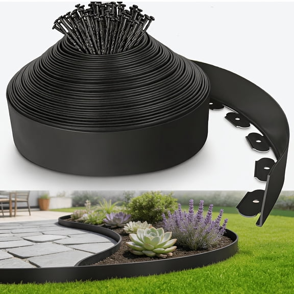 4IN X 50 FT Landscape Edging Border with 75 Spikes, Plastic Garden Edging Lawn Border Kit, No Dig Edging Border Flexible for Flower Beds Lawn Yard Paver Pathway Edging