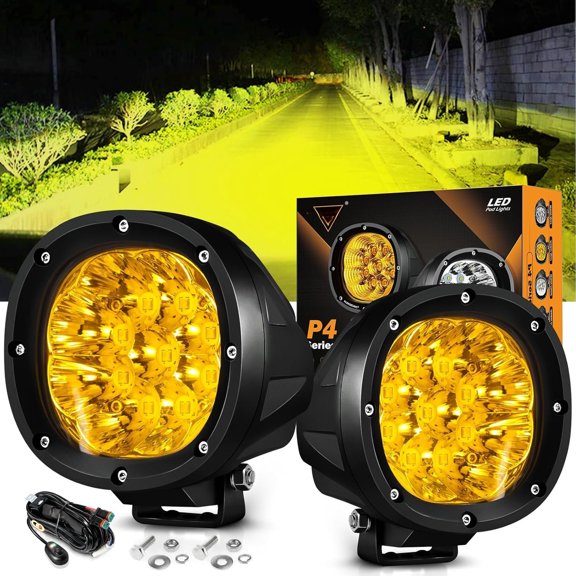 4In 90W  Round Led Offroad Lights 2 count 9000LM  Fog Super Bright Driving Light with Wiring Harness Kit Spot Beam Pod Light for  SUV ATV UTV