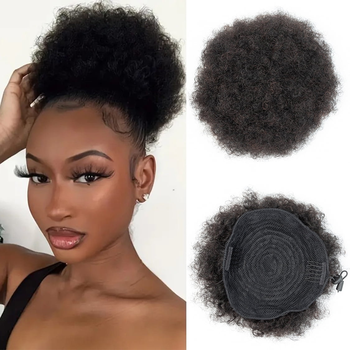 4Inch 1PC Natural Black Puff Ponytail Human Hair Bun Kinky Curly Drawstring Ponytail Clip In Hair Extensions Soft Feel Hair Chignon