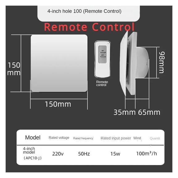 4Inch High Speed Exhaust Fan Toilet Kitchen Bathroom Hanging Wall Window Ventilator Extractor with Remote Control ,High Performance