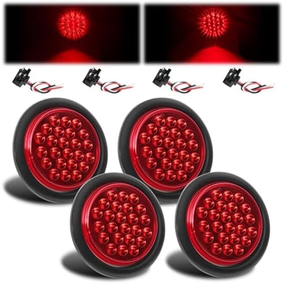 4Inch Round LED Trailer Lights - 4 PCS 24 High-Output LED Red Tail Lights, Waterproof Sealed Flush Mount with Grommets & 3-Prong Pigtails - Stop/Turn/Brake Lights for Trucks RV Boat UTE UTV 12V