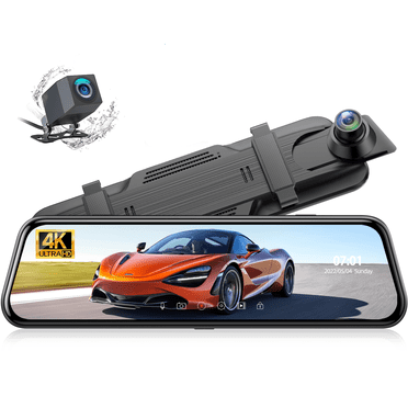 4K 10 Inch Mirror Dash Cam GPS Rear View Mirror Camera, Touch Screen Dual Dash Cam Front and Rear with Waterproof Backup Camera Parking Assistance, Night Vision, Loop Recording