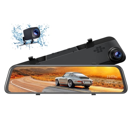 4K 10 Inch Mirror Dash Cam GPS Rear View Mirror Camera, Touch Screen Dual Dash Cam Front and Rear with Waterproof Backup Camera Parking Assistance, Night Vision, Loop Recording