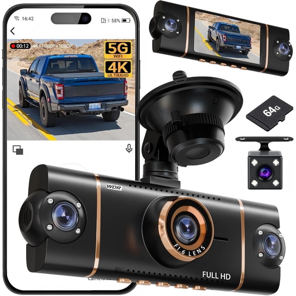 4K+1080P*3 FHD Car Camera, 4 Channel 360 Dash Cam Front Rear Inside & Left Right, 5GHz WiFi & App Control, 24H Parking Mode, G-Sensor, 8 IR Lamps Night Vision, Loop Recording, Includes 64GB SD Card