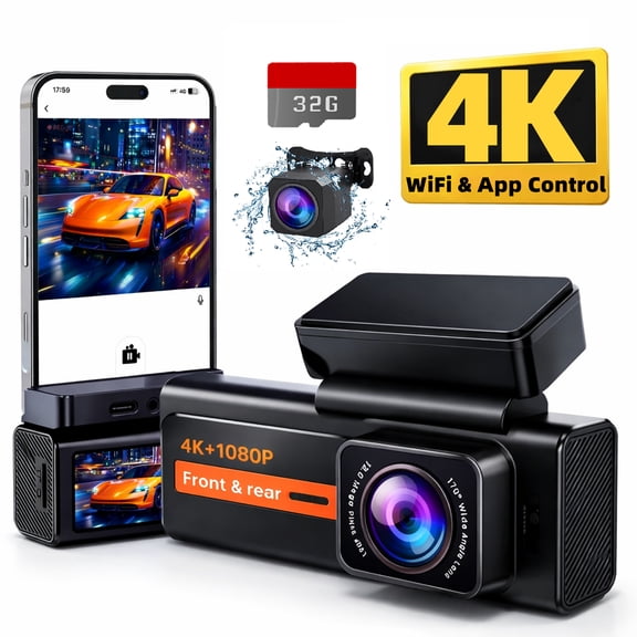 4K+1080P Dash Cam Front and Rear,Car Camera with App Control,Built-in Wifi for File Transfer,Dual Dash Camera with Night Vision,24H Parking Monitor,G-Sensor,Loop Recording,32GB SD Card,Black