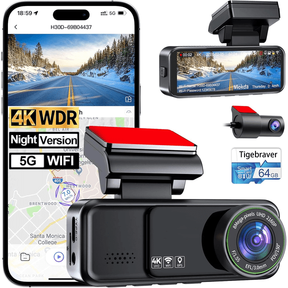 4K + 1080P Dash Cam Front and Rear, Dual Dash Camera for Cars with 64GB Card Included, Built-in GPS, 5.8GHz WiFi, 3.2" IPS Screen, 24H Parking Mode, Night Vision, Loop Recording