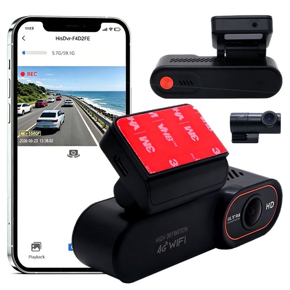 4K+1080P Dual Dash Cam Front and Rear, No Screen Hidden Car Camera with 4G & WiFi, Low Light Night Vision, Wide Angle, Loop Recording, G-Sensor, 24H Parking Monitor Driving Recorder