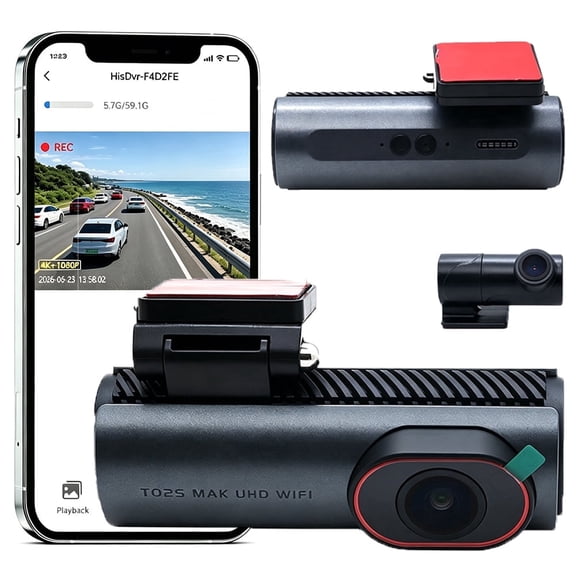 4K+1080P Dual Dash Cam Front and Rear, No Screen Hidden Car Dash Camera with WiFi, Wide Angle Lens, Loop Recording, G-Sensor Emergency Lock, Smart App Control Car Driving Recorder