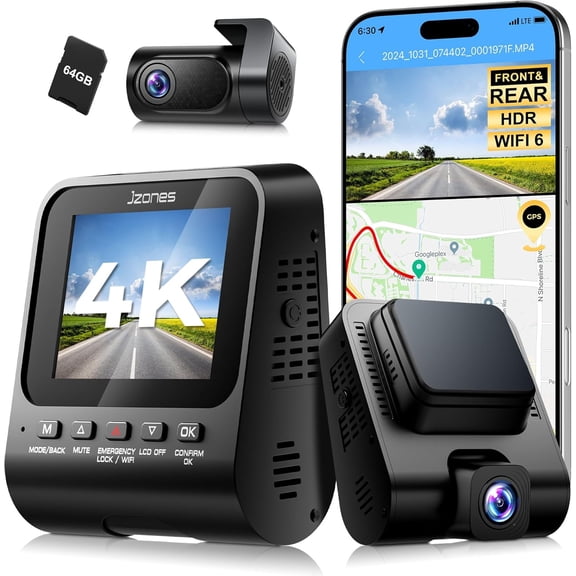 4K+1080P FHD Dash Cam Front and Rear, Dual Camera for Cars with Night Vision, 2 Channel HDR Camera, 24H Parking Mode Car Built-in GPS, WDR, 170Wide Angle, WiFi 6, Free 64GB Card