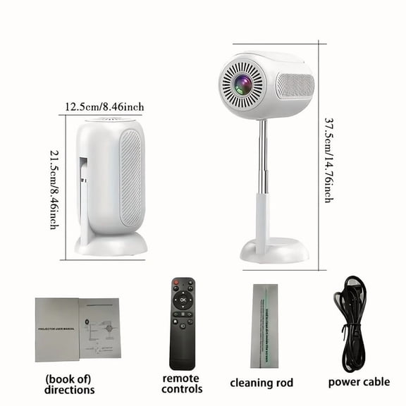 4K 1080P HD Portable Projector | 90 Adjustable Foldable Stand | USB & Multi-Device Compatible | White Modern Home Theater Projector