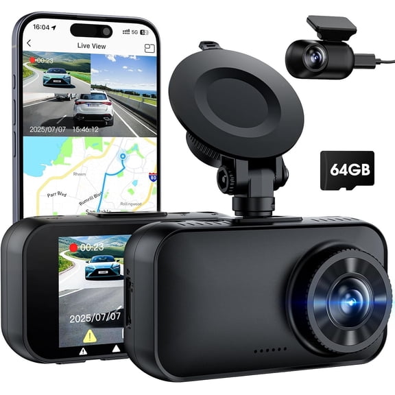 4K/2.5K+1080P Dash Cam Front and Rear, 5G WiFi APP Dash Camera for with 64GB Card, ADAS Lane Assist, 2.7"IPS Screen, Parking Mode, External GPS Module, Night Vision, G-Sensor