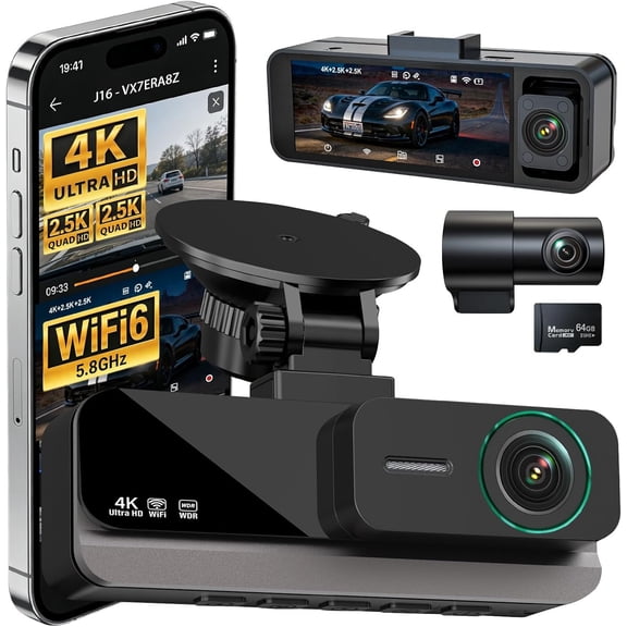 4K+2.5K+2.5K 3  Dash Cam - Front/Rear/Inside - 5.8GHz WiFi 6 Dashcam with IR Night Vision, 64GB Card, 24H Parking Mode, G-Sensor -  Dash Cam for Rideshare & Taxi