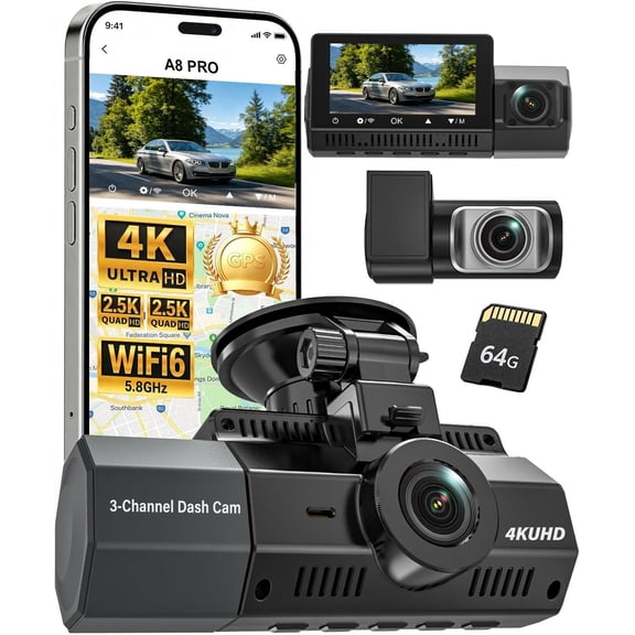 4K+2.5K+2.5K Cam, IMX675 STARVIS 2 Camera 3-, Free 64GB Card, Dashcam with 5G WiFi GPS, G-Sensor,Loop Recording, HDR, 24H Parking , Cam for Rideshare & Taxi