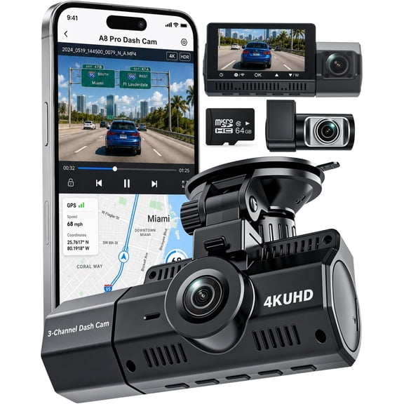 4K+2.5K+2.5K Dash Cam, STARVIS 2 Dash Camera 3-Channel, Free 64GB Card, Dashcam with 5G WiFi GPS, G-Sensor,Loop Recording, HDR, 24H Parking Monitor, Car Dash Cam for Rideshare & Taxi