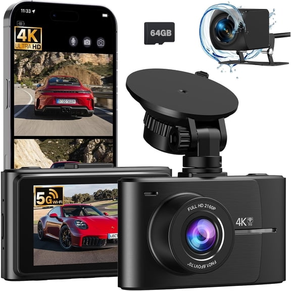 4K +2.5K  Cam Front and Rear, Free 64GB Card Included, 5.8GHz WiFi  Camera for , -in Night Vision, G-Sensor,170?Wide Angle, App Control, 3" IPS, 24H Parking Mode, Max 256GB