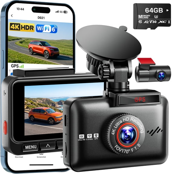 4K+2.5K Dash Cam Front and Rear, WiFi 5.8GHz Dual Dash Camera for Cars, Built-in GPS, G-Sensor, 170Wide Angle, 3" IPS Screen, 24H Parking Mode, TERUNSOUL 64GB Card Included, Support 1TB Max