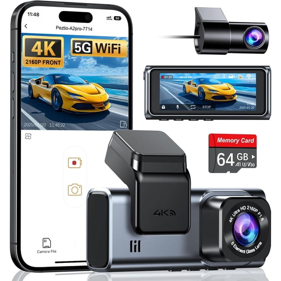 4K+2.5K WiFi Dash Cam Front and Rear, Built-in 5G WiFi, 64GB Card, Dash Camera for , Dual Dashcam, G-Sensor, 24/7 Parking Mode, 3'' IPS Screen, Loop Recording, WDR