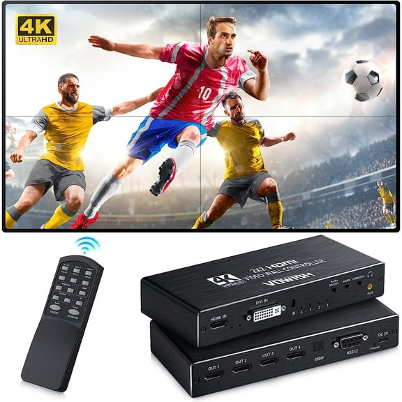 4K 2x2 Video Wall Controller, HDMI & DVI Input TV Wall Controller with 8 Display Modes, Support 180 Degree Rotate, RS232 Control for Sports bar, Restaurant, School, Company, Home Theater, Mall