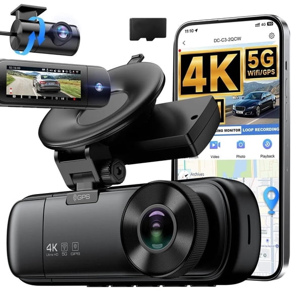 4K 3 Cam, Cam Front and Rear C3, Free 64GB Card, 4K+1080P+1080P Dashcam, G-Sensor, WDR, APP, 5G WiFi, Night Vision, 24H Parking
