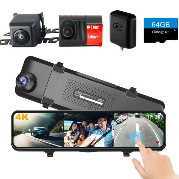 4K 3 Channel Mirror Dash Cam, 11" Triple Rear View Mirror Dash Camera Front Inside Rear for Car RV Truck, Night Vision, 64GB Card, WDR, G-Sensor, 24H Parking Monitor