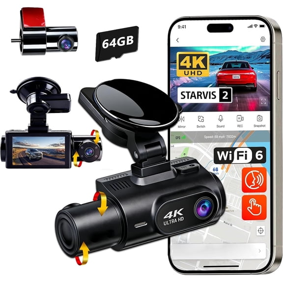 4K++ 3  Dash Cam Front Inside Rear, Built-in GPS WiFi 64GB Card, UHD Triple  Camera Recorder with ADAS & BSD Blind Spot Detection, 3" IPS Screen, Starlight Night Vision, 24H Parking