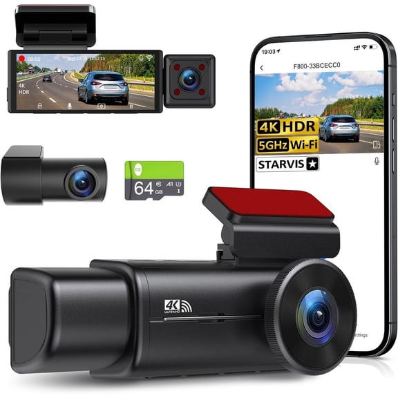 4K 3 Dash Cam, STARVIS Sensor,5GHz WiFi with 64GB Card,2160P+1080P+1080P Front and Rear Inside, Dash Camera with 3.16" Screen,IR Night Vision G-Sensor, HDR,24H Parking Mode(Black)