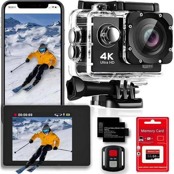 4K 30FPS WiFi Action Camera- 98FT Waterproof Ultra HD Underwater Camera, Image Stabilization, 170 ° Wide Angle 2.0" Screen, Sports Camera with 2 Batteries, 64G Memory Card, Mounting Accessories Kit