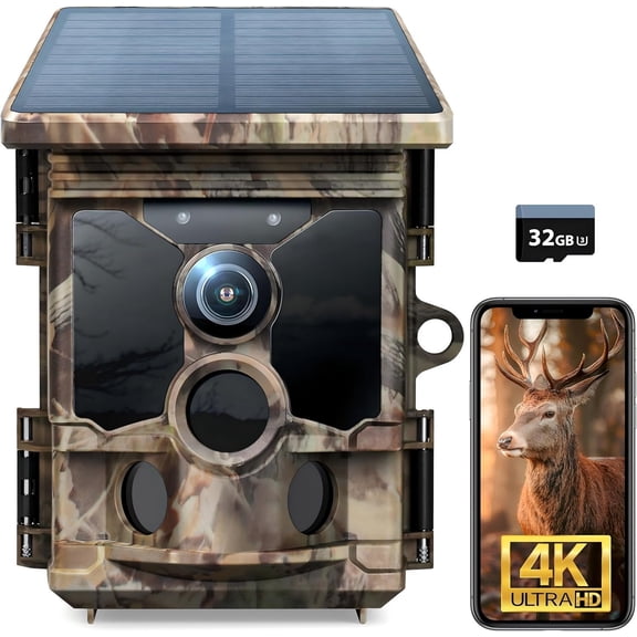 4K 30fps Solar Trail Camera, 68MP WiFi Trail Cam with 5200mAh and 32GB TF Card, Camera with Night Vision 120? Detection Motion Activated IP66 for Scouting