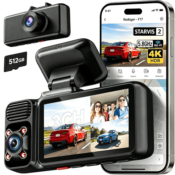 4K 3CH Dash Cam, STARVIS 2 Sensor HDR, 512GB Card, 5.8GHz WiFi 2160P ...
