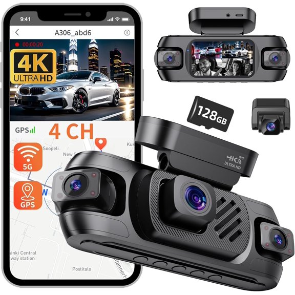 4K 4  Dash Cam Front and Rear, 360?View Dash Camera for  with GPS, G-Sensor, 5G WiFi, Loop Recording, App Control, 8 Lamps IR Night Vision, 24/7 Parking Mode, 128G Card