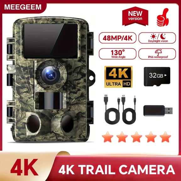 4K 48MP Hunting Trail Camera - 0.05s Fast Trigger, IP66 Waterproof, 130° Wide Angle No-Glow IR LEDs, Outdoor Wildlife Monitoring, Father's Day Gift