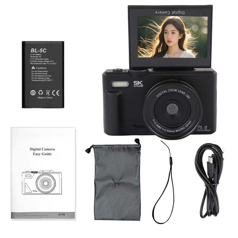 75MP 5K Vintage Digital Camera for Photography & YouTube Vlogging, 18X Digital Zoom, 180° Flip Selfie Screen, WiFi