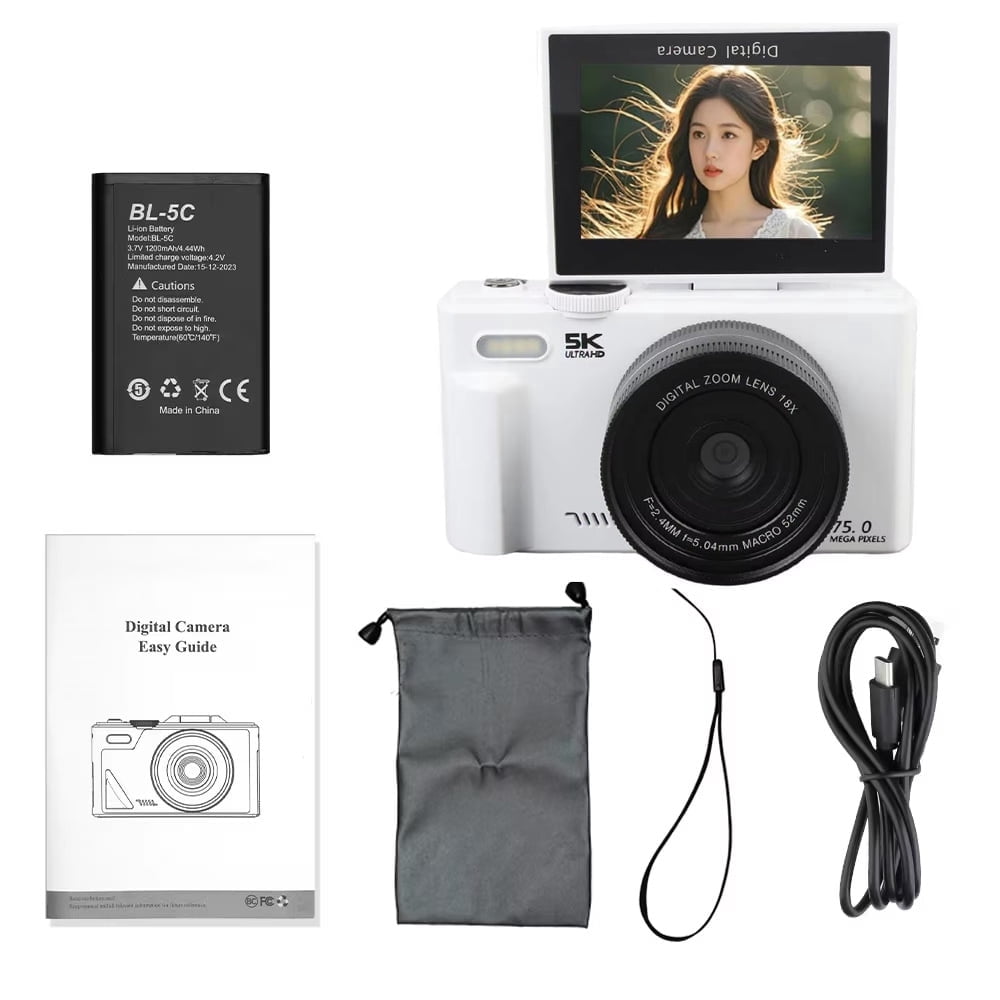 75MP 5K Vintage Digital Camera for Photography & YouTube Vlogging, 18X Digital Zoom, 180° Flip Selfie Screen, WiFi