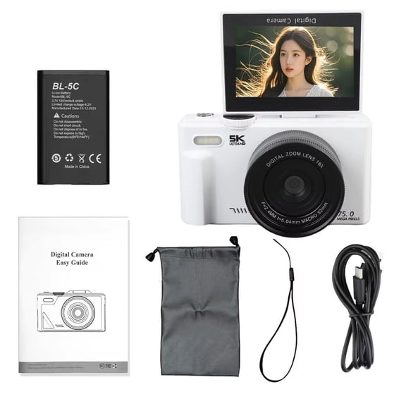 75MP 5K Vintage Digital Camera for Photography & YouTube Vlogging, 18X Digital Zoom, 180° Flip Selfie Screen, WiFi