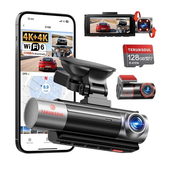 4K+4K+1080P 3 Channel Dash Cam Front and Rear with Cabin, Free 128GB Card Included, 5.8GHz WIFI6 - up to 20MB/s, IR Night Vision, Built-in GPS, G-Sensor, 24H Parking Mode, Support 512GB Max