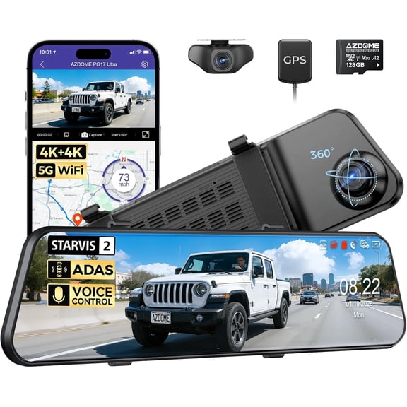 AZDOME Mirror Dash Cam PG17 Ultra 4K+4K Front and Rear 12 Inch with ADAS, STARVIS 2, Dual HDR