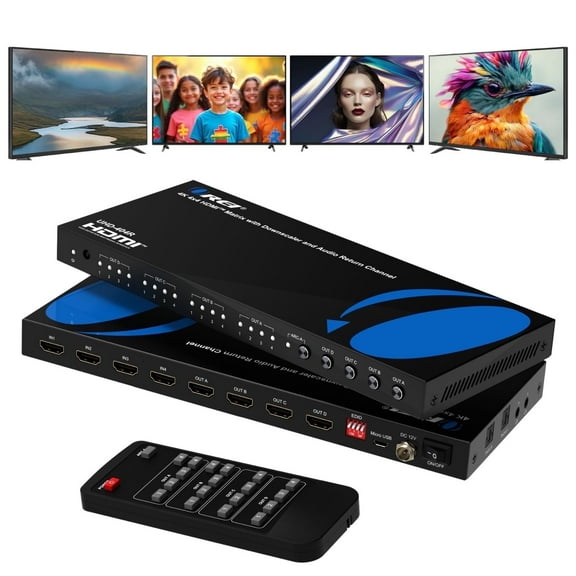 OREI 4x4 4K HDMI Matrix Switcher Splitter, Switch with Remote Control Auto Downscale 4K to 1080p, HDR10 Support.
