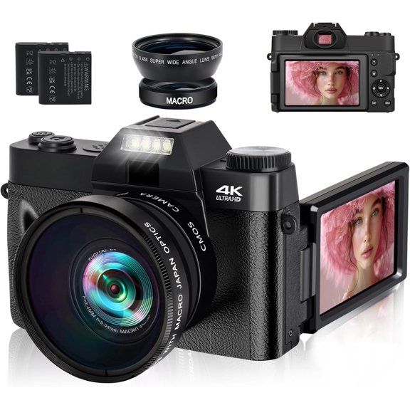 4K 56MP Vlogging Camera for YouTube, Compact Point and Shoot Travel Camera with Wide Angle Macro Lenses 2 Anti-Shake 3" Flip Screen 16X Zoom for Beginners Teens