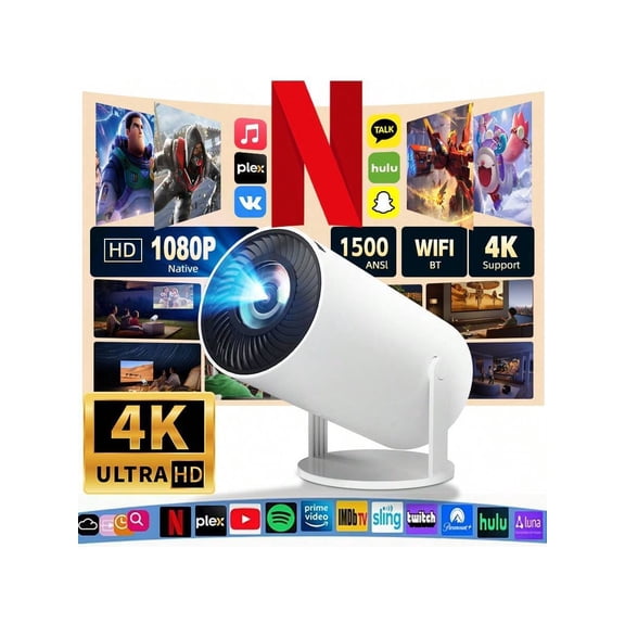 4K 5G WiFi Projector with Android System, Built-in Sound, HD/USB Ports for Home Cinema, Gaming, KTV, Online Courses, Outdoor Movies, Gift Idea