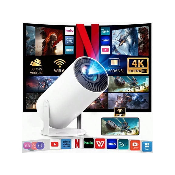 4K 5G WiFi Projector with Android System, Built-in Sound, for Home Cinema, Gaming, KTV, Online Courses, HD/USB Connectivity, Outdoor Projection