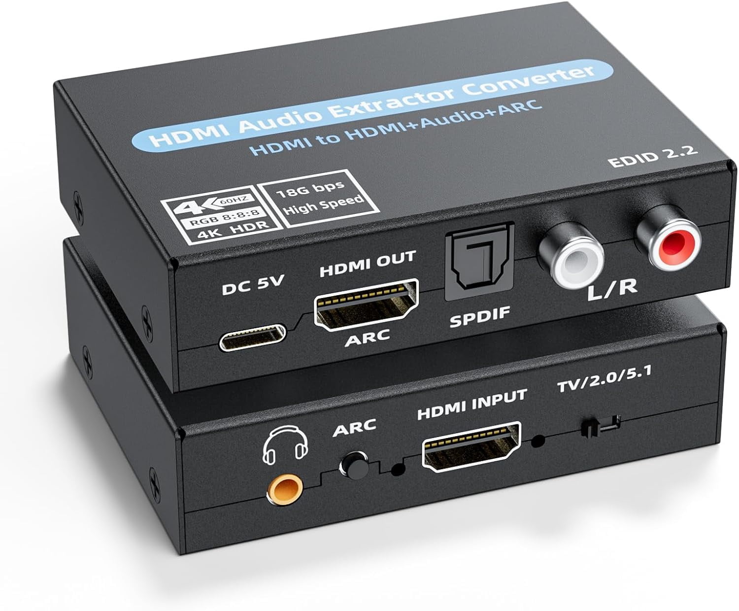 4K@60Hz HDMI Audio Extractor with ARC – Optical, 3.5mm Stereo & RCA L/R Adapter, Supports 5.1 Audio, HDCP 2.2, HDR, 18Gbps – for PS5, Xbox, HDTV, Soundbar