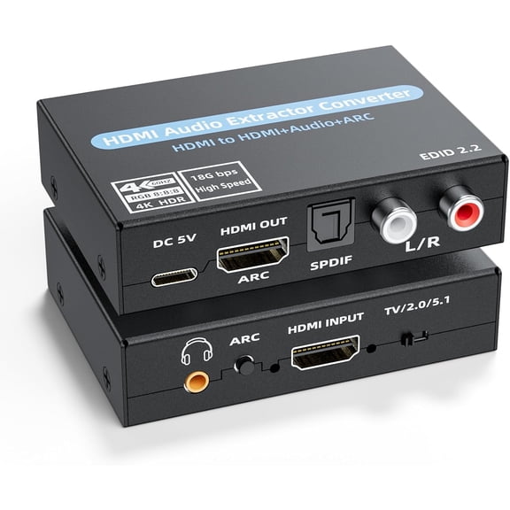 4K@60Hz HDMI Audio Extractor with ARC  Optical, 3.5mm Stereo & RCA L/R Adapter, Supports 5.1 Audio, HDCP 2.2, HDR, 18Gbps  for PS5, Xbox, HDTV, Soundbar